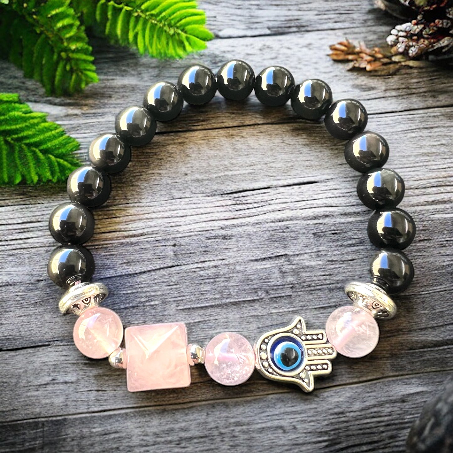 BRACELET || TOURMALINE & ROSE QUARTZ WITH HAMSA HAND CHARM