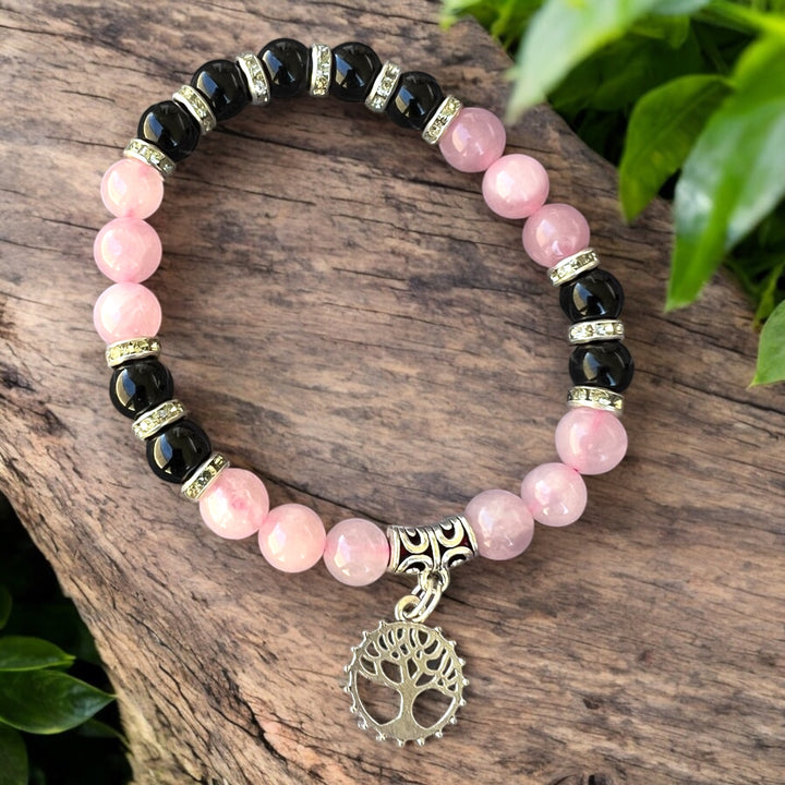 BRACELET || TOURMALINE & ROSE QUARTZ WITH TREE OF LIFE CHARM