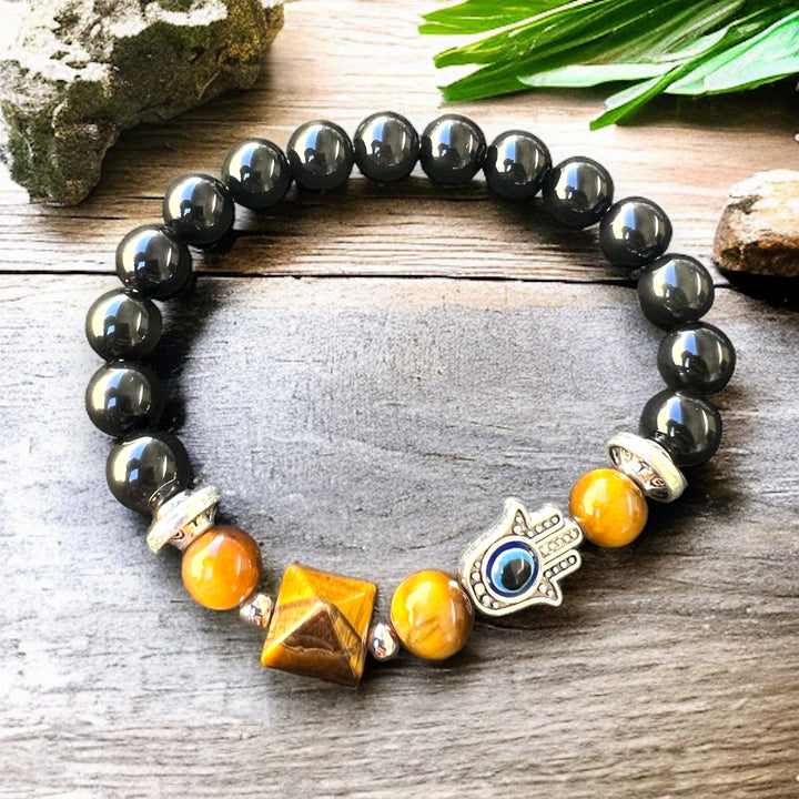 BRACELET || TOURMALINE & TIGER EYE WITH HAMSA HAND CHARM